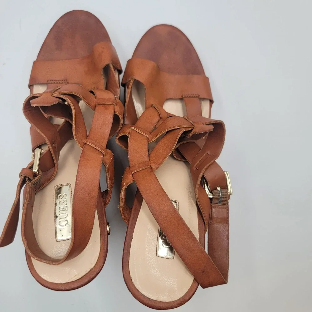 Guess Womens Cognac Brown Leather Strappy Cork Boho Platform Wedge Sandals